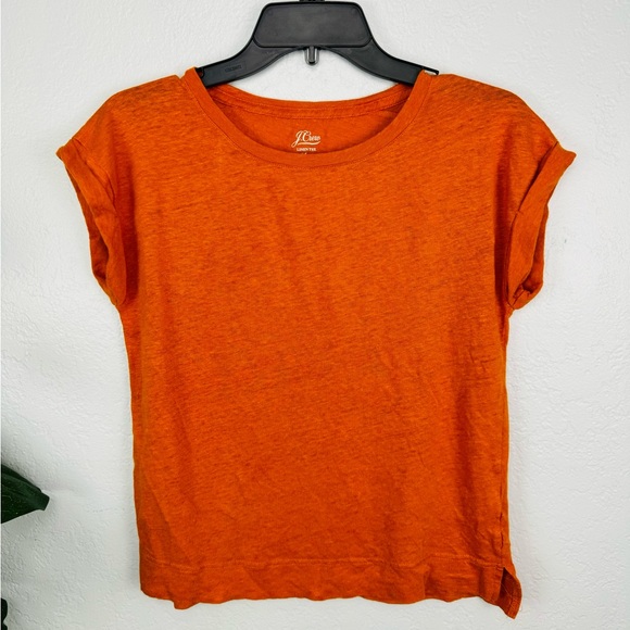 J. Crew Orange Firefly Linen Crewneck Rolled Cuff Short Sleeves Tee size S - Picture 2 of 7